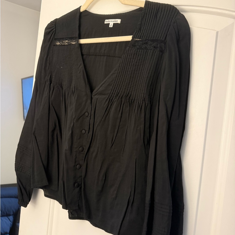 Reformation Black Pleated Button-Up Blouse
